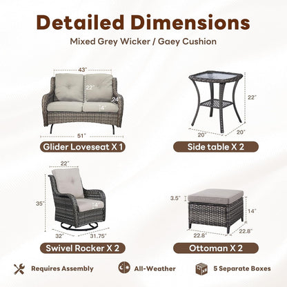 Outdoor Patio Furniture Set - 7 Piece Gray Wicker Conversation Patio Furniture Set All Weather Swivel Chairs with Ottoman and Loveseat Glider Chair for Deck Balcony Backyard