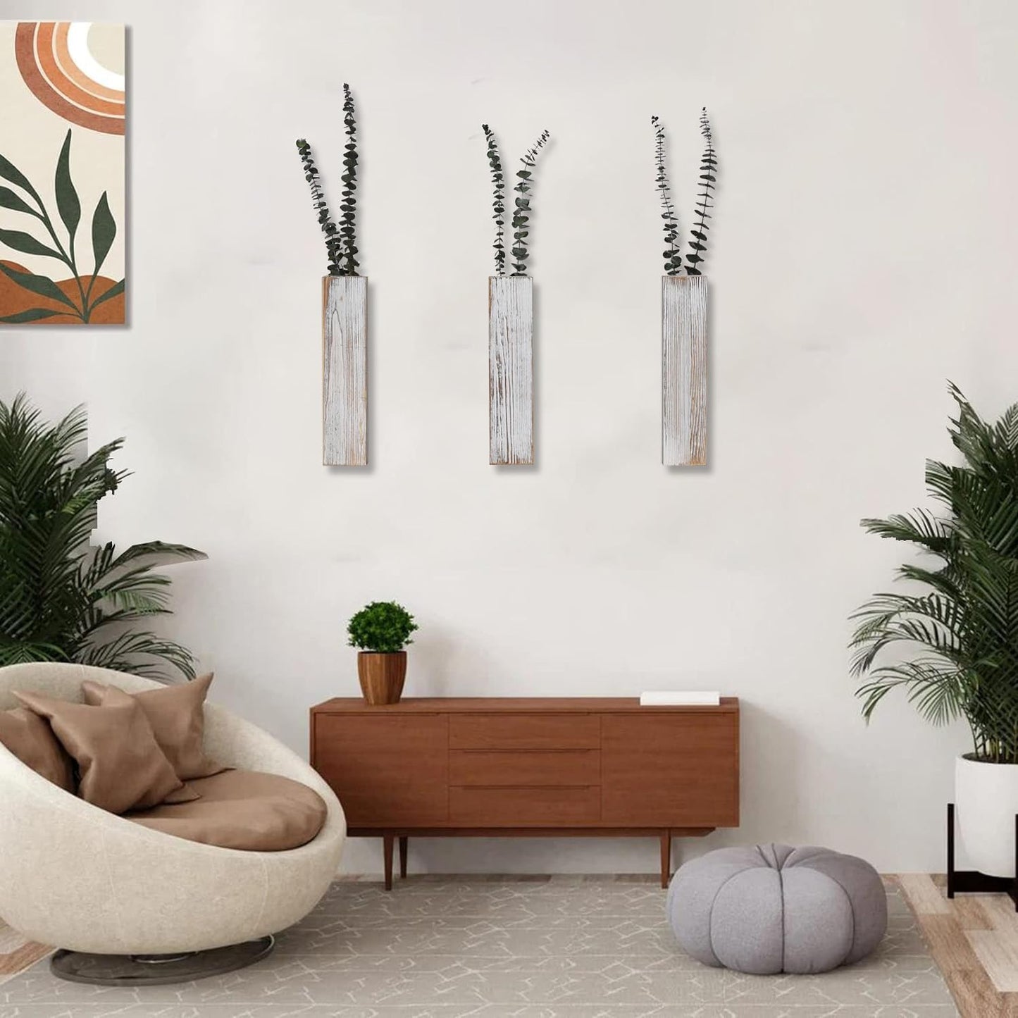 Wooden Wall Planter Set of 3 - Modern Home Decor for Living Room, Bedroom, Bathroom - Vintage Finish Planter for Dried Flowers, Faux Greenery, Indoor Plants