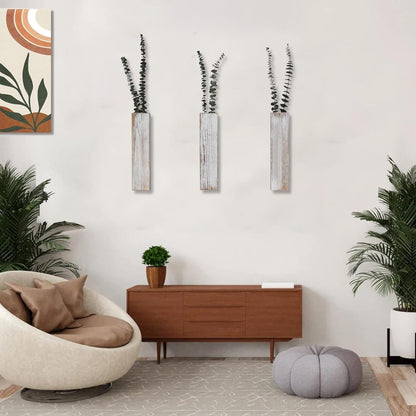 Wooden Wall Planter Set of 3 - Modern Home Decor for Living Room, Bedroom, Bathroom - Vintage Finish Planter for Dried Flowers, Faux Greenery, Indoor Plants