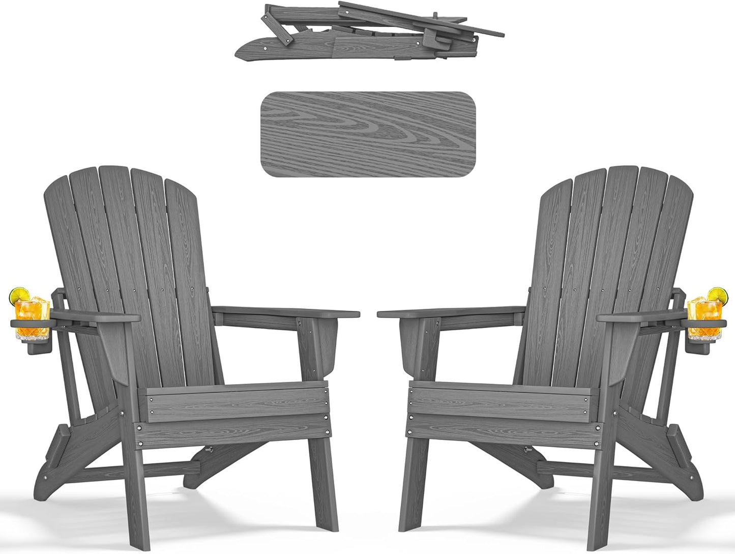 Folding Adirondack Chair - Extended Ergonomic Backrest, Cup Holder - Easy Assembly - Durable HDPE Plastic, Weather Resistant & Maintenance-Free - Lawn, Patio, Deck Supports 380lbs Grey