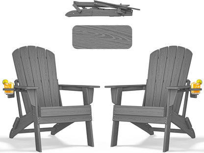 Folding Adirondack Chair - Extended Ergonomic Backrest, Cup Holder - Easy Assembly - Durable HDPE Plastic, Weather Resistant & Maintenance-Free - Lawn, Patio, Deck Supports 380lbs Grey