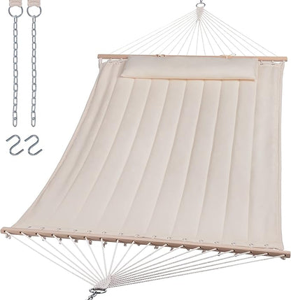 SUNCREAT Double Hammock for 2 Person, Extra Large Outdoor Portable Hammock with Hardwood Spreader Bar, Soft Pillow, 475 lbs Capacity, Beige