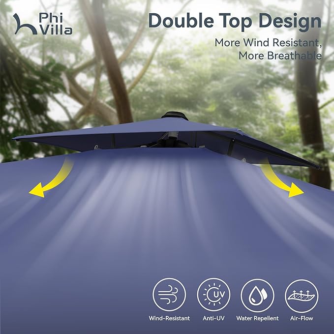 PHI VILLA 9' X 12' Cantilever Patio Umbrella with Base, Outdoor Large Rectangular Umbrellas with 360°Rotation, Heavy Duty Hydraulic Double Umbrella Windproof for Outside, Navy Blue