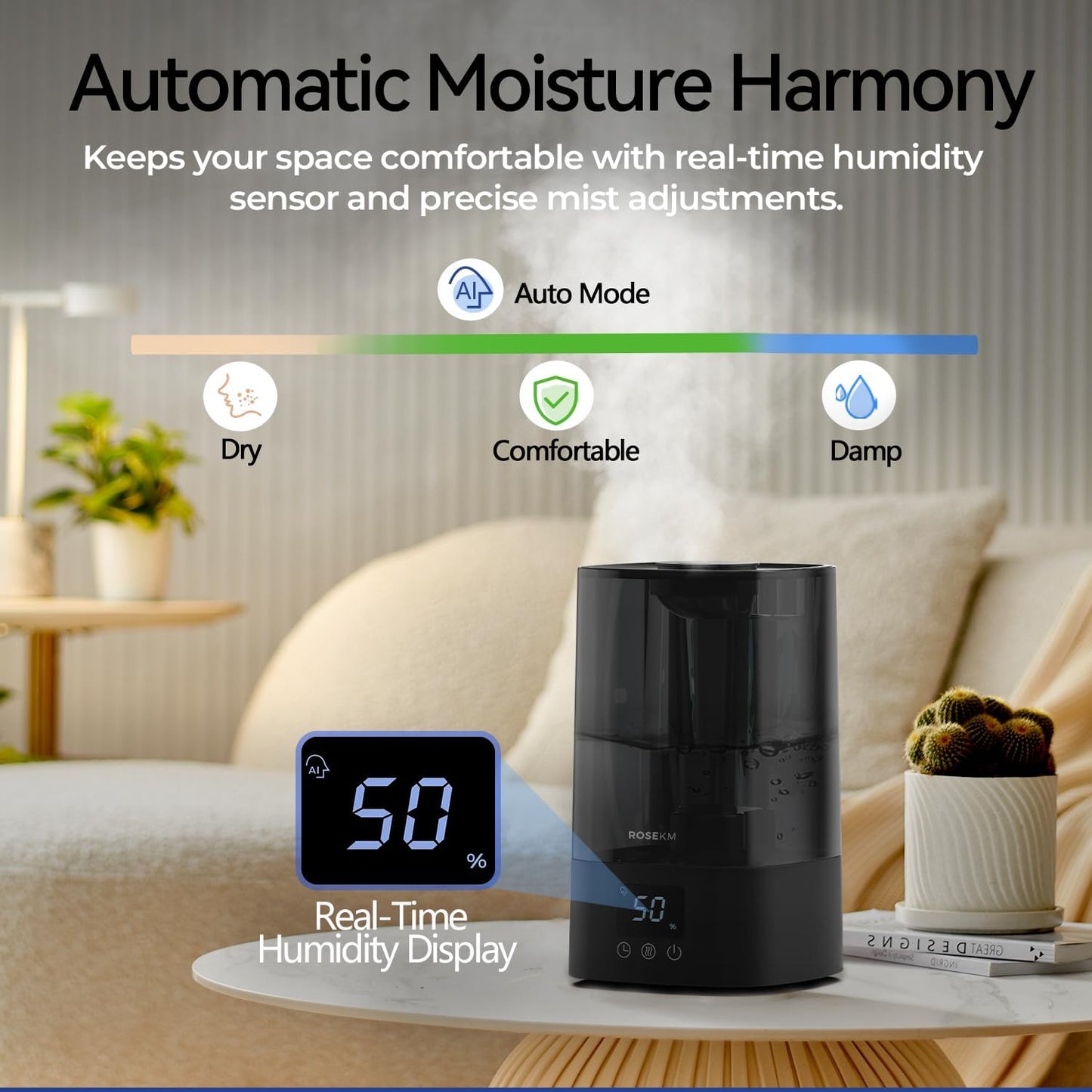 Automatic Humidifiers for Bedroom Large Room, 4.5L Cool Mist Humidifier for Home & Plant with Timer & Humidity Sensor, Last Up to 18H on High Setting, Auto Shut-Off, 360° Nozzle (Black)