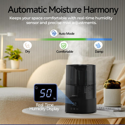Automatic Humidifiers for Bedroom Large Room, 4.5L Cool Mist Humidifier for Home & Plant with Timer & Humidity Sensor, Last Up to 18H on High Setting, Auto Shut-Off, 360° Nozzle (Black)