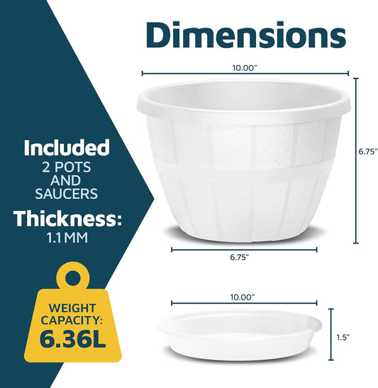 10-Inch Whiskey Barrel Planters Outdoor Pack of 2 - Durable Plastic Plant Pots for Indoor & Outdoor Use with Drainage & Saucer, Lightweight Rustic Barrel Planters for Flowers, Herbs & Small Plants