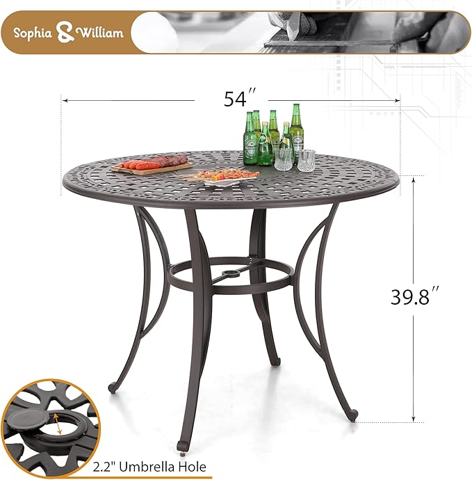 Sophia & William 6-Person Cast Aluminium Patio Bar Height Table Round, Outdoor Tall Bistro Pub Height Table with 2.2" Umbrella Hole for Porch Balcony Backyard, Bronze