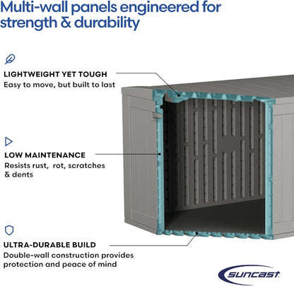 Suncast 120-Gal. All-Weather Patio Deck Box with Pad-Lockable Split Top Lid, Extra-Large Outdoor Storage Unit for Patio Furniture and Grill Tools, Made in the USA