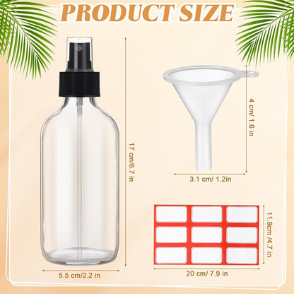 Norme 12 Pcs 8 oz Glass Spray Bottles with Funnels and Labels Refillable Cosmetic Empty Spray Bottles with Sprayer Containers for Essential Oil Cleaning Solutions(Clear,Stylish)