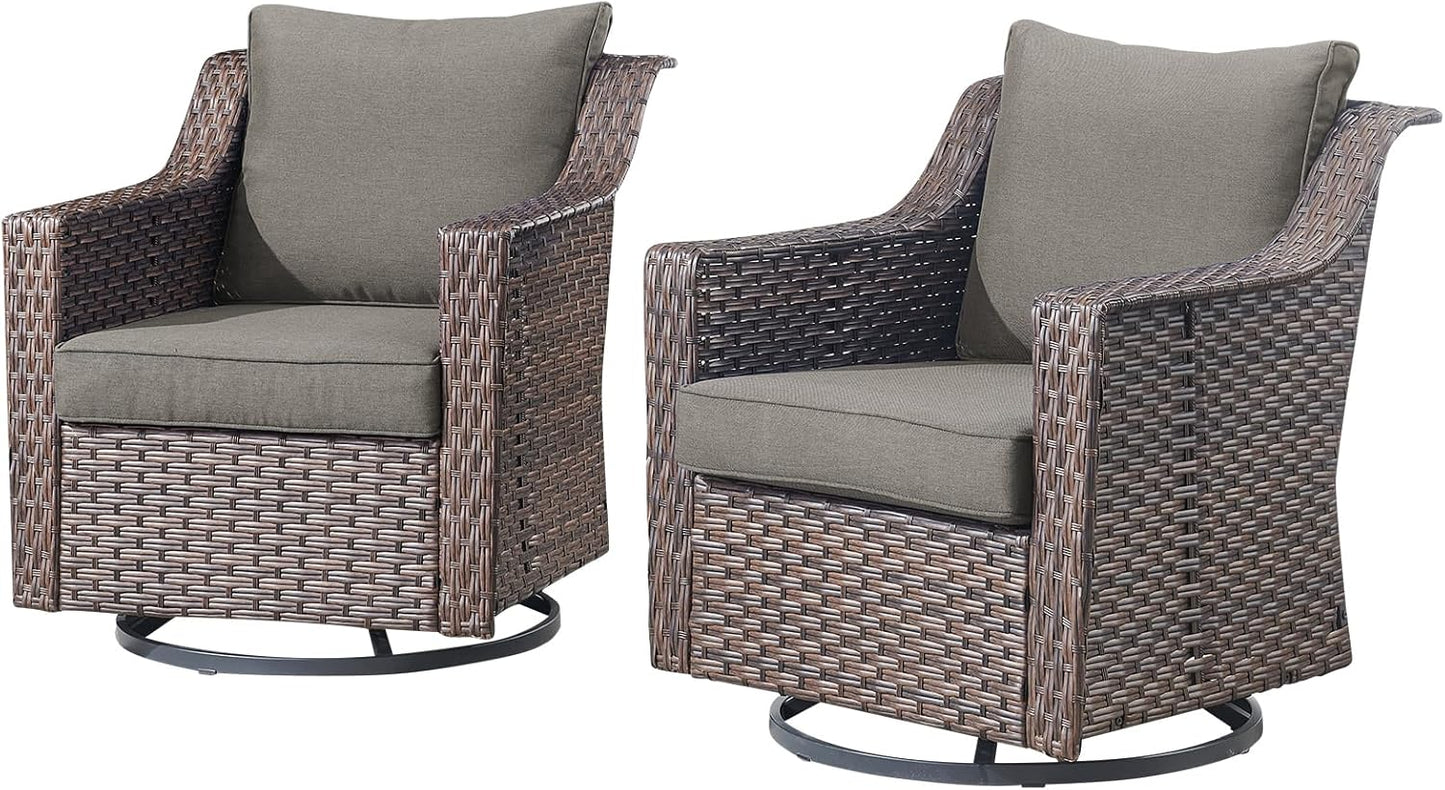 Outdoor Patio Wicker Swivel Chairs - Set of 2 Outside Resin Rattan Rocker Glider Gliding Chair Rocking Armchairs for Front Porch Balcony Backyard Yard Deck Poolside Apartment – Brown/Grey