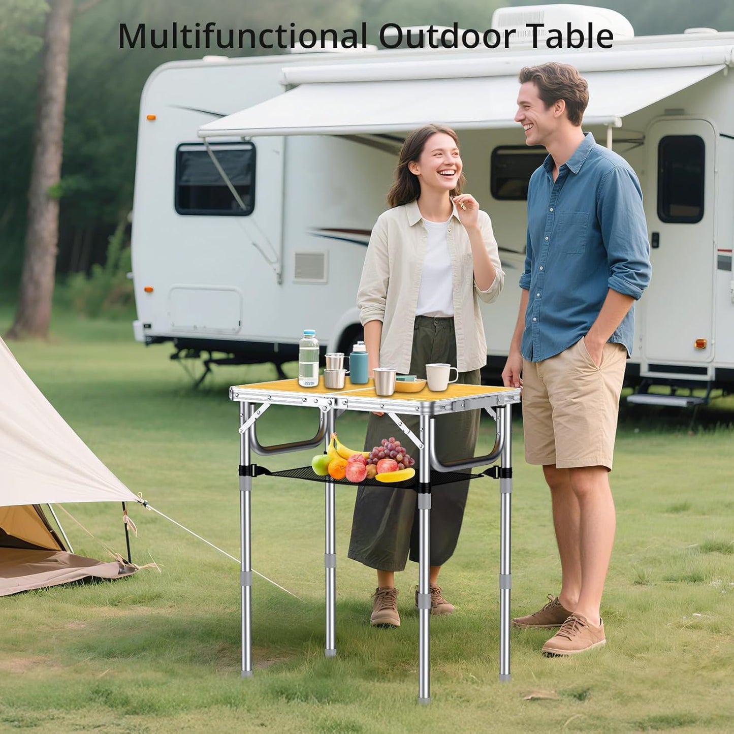 2ft Camping Table Foldable, 3 Adjustable Heights High 27.5" Aluminum Small Folding Table with Carrying Handle, Portable, for Outdoor Indoor Picnic Beach BBQ Party Travel, 24" x 16", Yellow