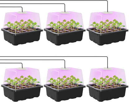MIXC Seed Starter Kit with Grow Light, Elevated Seedling Tray Kit with Adjustable Humidity Dome and Clear Cell Tray, 12 Full Spectrum Led Beads for Seed Starting Greenhouse, 6 Pack, Black