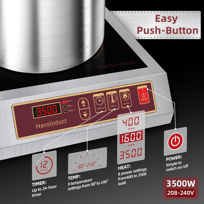 Induction Cooktop 208-240V 3500W Commercial Range Induction Burner Dual IGBT Modules 8 Heating Level Sensor Push-Button Premium Stainless Steel Housing Crystal Glass Electric Cooktop（Red）