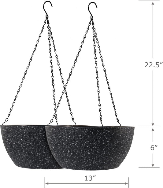 13 inch Large Hanging Planters Plant Pots for Outdoor Indoor Plants with Drainage Holes and Chain, 2 Pack Round Hanging Flower Pots for Garden Home Porch Decor, Speckled Black