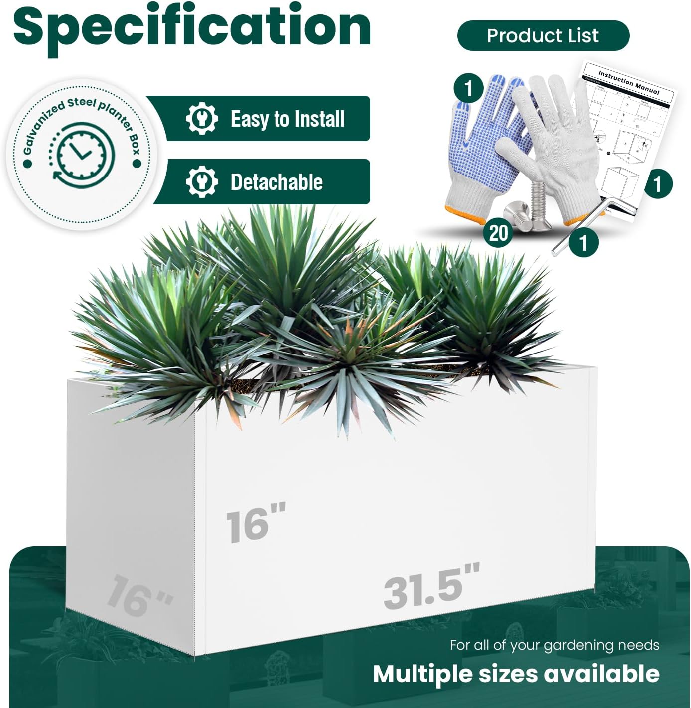 White Steel Planter Outdoor Indoor Planter Box Galvanized Steel Metal Large Planters Rectangular Flower Pot 31.5 In L x 16 In W x 16 In H Modern Commercial Residential for Trees Patio Deck Yard Garden