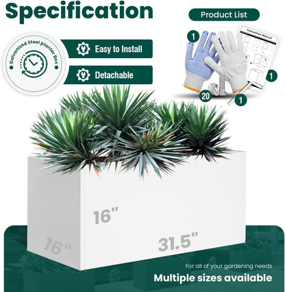 White Steel Planter Outdoor Indoor Planter Box Galvanized Steel Metal Large Planters Rectangular Flower Pot 31.5 In L x 16 In W x 16 In H Modern Commercial Residential for Trees Patio Deck Yard Garden