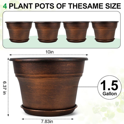 10 Inch Planters Plant Pots Indoor Outdoor, 4 Pack Plastic Flower Pot for Indoor Plants with Drainage Holes & Trays, Resin Decorative Container Sets with Saucer for House Garden Copper