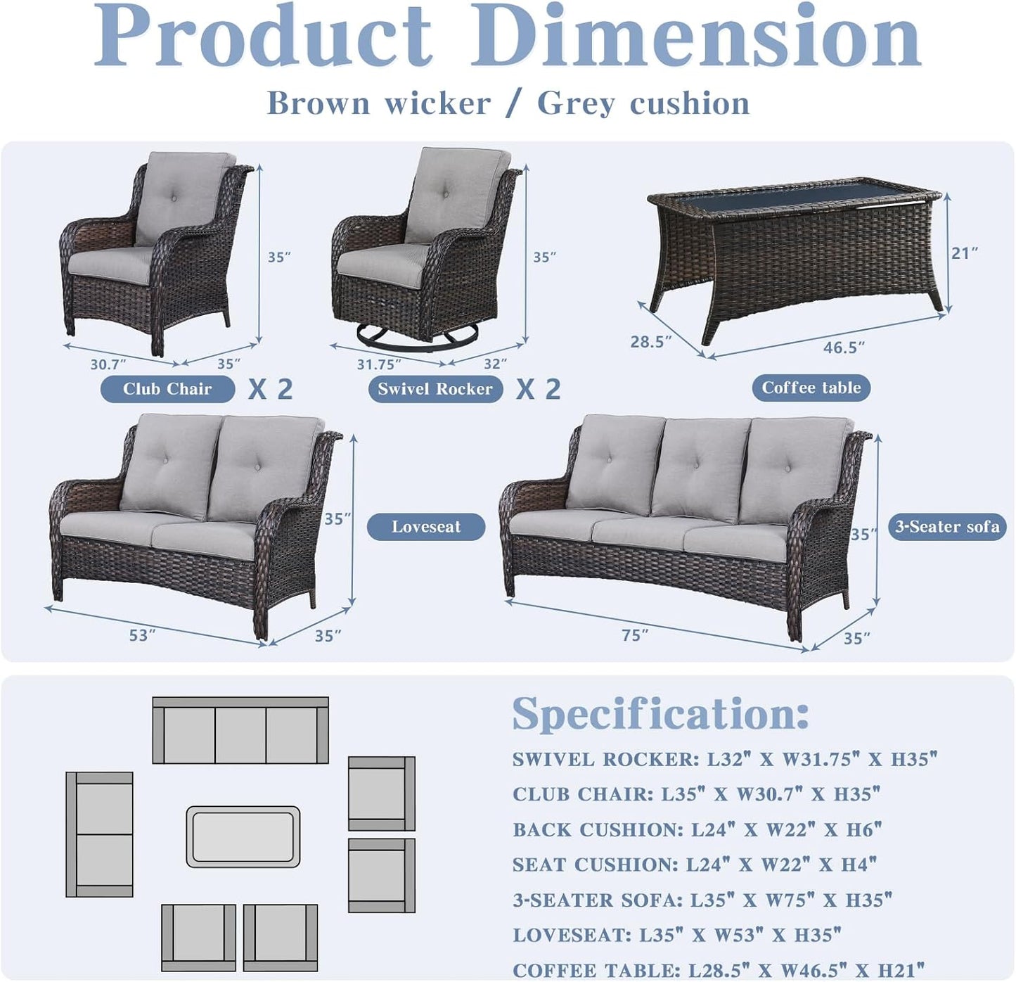 Outdoor Wicker Furniture Patio Set - 7 Piece Backyard Furniture Brown Rattan Conversation Sets with Swivel Rocker Chairs, Rattan Sofa, Club Chairs and Coffee Table, Grey Cushion