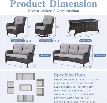 Outdoor Wicker Furniture Patio Set - 7 Piece Backyard Furniture Brown Rattan Conversation Sets with Swivel Rocker Chairs, Rattan Sofa, Club Chairs and Coffee Table, Grey Cushion