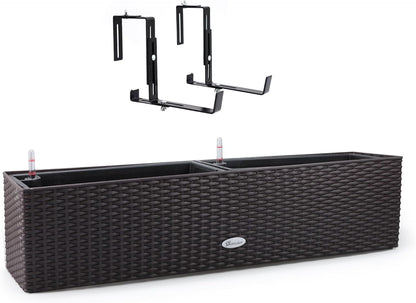 Dexceder 31.5 Inch Rattan Self Watering Planter Indoor Outdoor, Thickened Large Rail Flower Plant Pot Window Box with Water Level Indicators & Bracket (Brown)