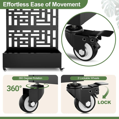Metal Planter Box with Trellis, 71"x 47"x 16" Raised Garden Bed with Trellis & Wheels, Privacy Planters for Patio, Planter Box with Drainage Holes for Climbing Plants, Flower, Vegetable