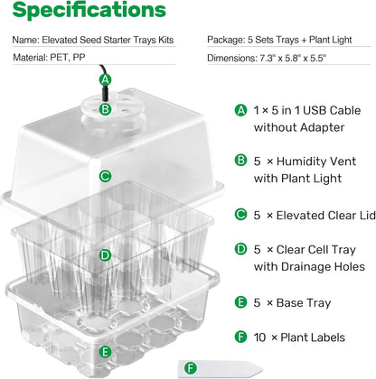 Bonviee 5 Packs Seed Starter Tray with Grow Light, Elevated Seedling Starter Trays Kits with Adjustable Humidity Domes and Clear Cell Tray, 12 Full Spectrum led lamp Beads for Plants Indoor-Clear