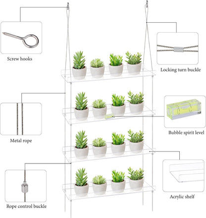 Sumerflos 4 Tier Acrylic Window Boxes Plant Shelves for Windows, Hanging Shelves for Indoor Plants, Flower Pot Organizer Storage for Window Grow Herbs, Microgreens, Succulents, Flower