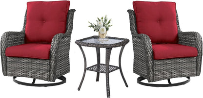 Outdoor Swivel Rocker Wicker Chairs Set of 3, High Back Swivel Patio Chairs Wicker Furniture Set, 2 PCS Rattan Swivel Rocking Chair with Side Table, Red Cushion