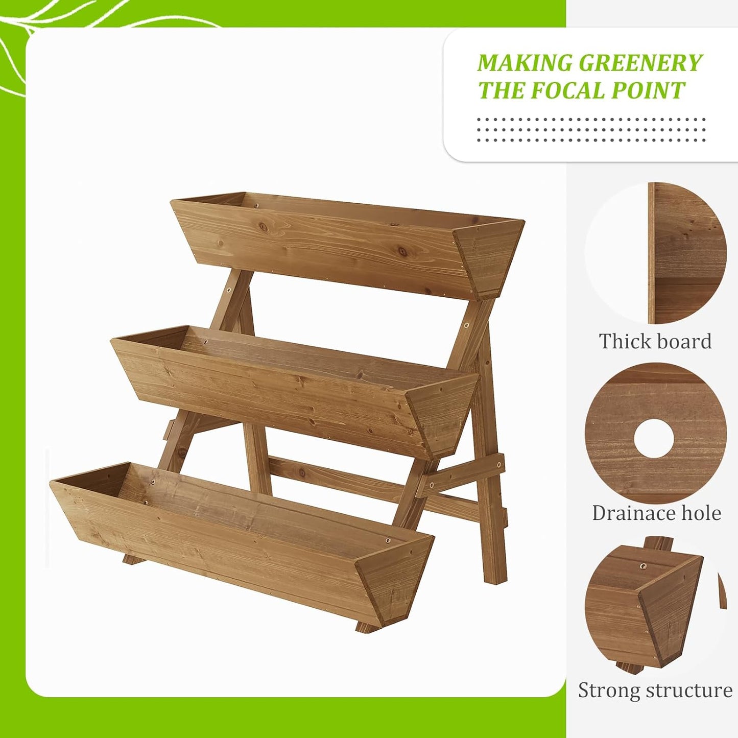 3-Tiers Wooden Raised Garden Bed Tiered Planter Box Vertical Garden Planter Wood Plant Stand for Patio, Balcony, Freestanding. (Brown L)