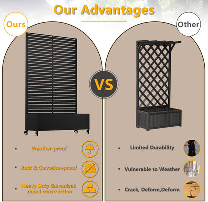 Metal Planter Box with Trellis Outdoor, 72.1"x47.2"x16" Galvanized Raised Garden Bed with Privacy Screen & Drainage Holes & Lockable Casters for Climbing Plants, Vegetable (Louvered-Black)