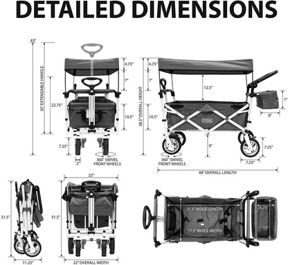 Creative Outdoor Push Pull Folding Wagon for Cargo | Beach Park Garden Sports & Camping | Black with Canopy