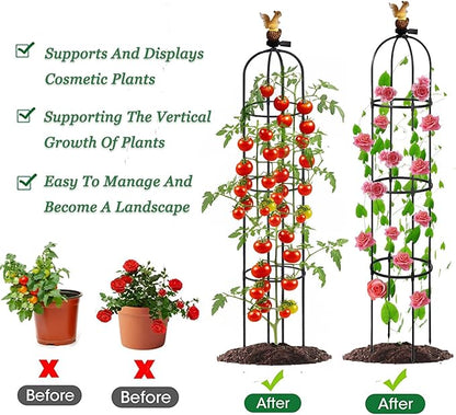 Metal Garden Obelisk Trellis for Climbing Plants Outdoor，Rose Round Trellis with Squirrel Head Auto Sensor Solar Light Rustproof Tomato Plant Support for Vines Cucumbers Tomato Cage,1 Pack