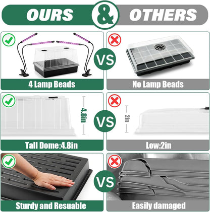Seed Starter Tray with Grow Lights – 4 Pack Seedling Trays with 5" Humidity Domes & 4 LED Light Heads, Adjustable Timer, Full Spectrum for Indoor Germination, Herbs, Vegetables, Flowers