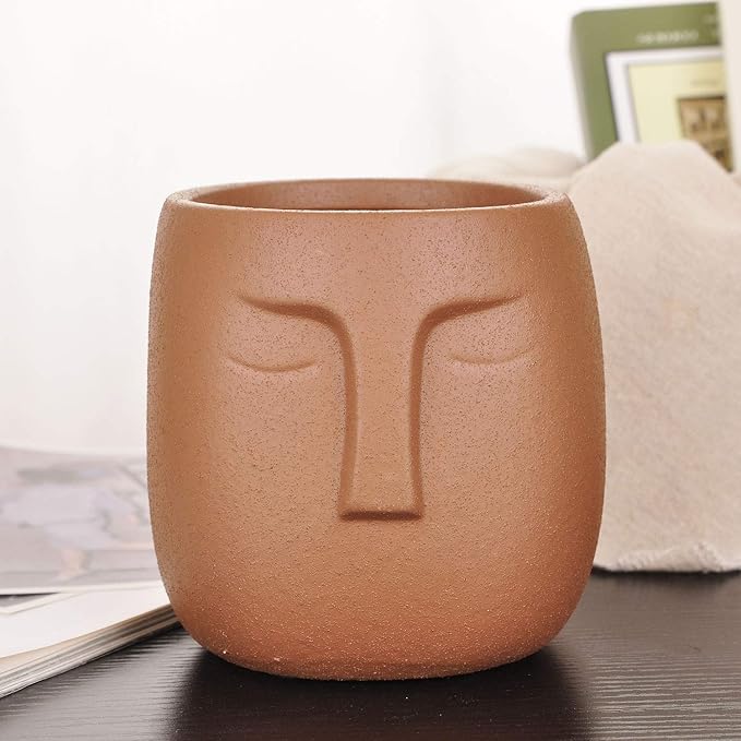 VanEnjoy 5.5 Inches Brown Ceramic Head Face Planter Pot for Plants, Modern Indoor/Outdoor Vase, Face Statue Plant Pot for Home Decoration