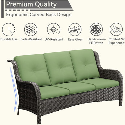 Wicker Patio Furniture Set 6 Piece, Outdoor Furniture Patio Conversation Set Includes 1 Three-Seat Sofa, 2 Swivel Rocker Chairs, 2 Ottomans and 1 Side Table,Green