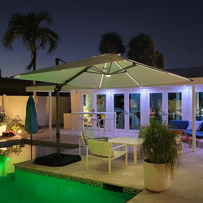 PURPLE LEAF 10 Feet Patio Umbrella Outdoor Cantilever Solar Powered LED Square Umbrella Aluminum Offset Umbrella with 360-degree Rotation for Garden Deck Pool Patio, Beige