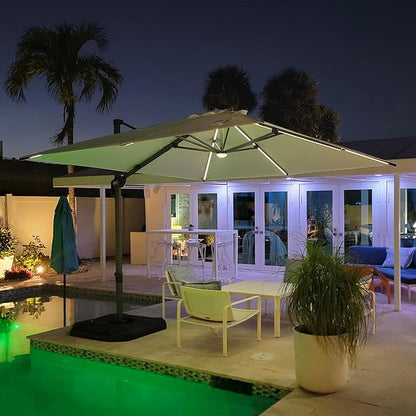 PURPLE LEAF 10 Feet Patio Umbrella Outdoor Cantilever Solar Powered LED Square Umbrella Aluminum Offset Umbrella with 360-degree Rotation for Garden Deck Pool Patio, Beige