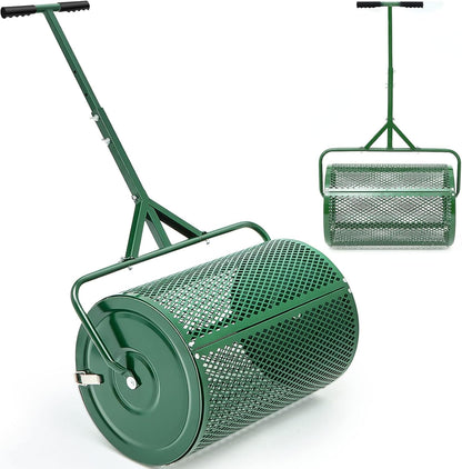 Hiboom 24 Inch Compost Spreader, Peat Moss Spreader, Manure Roller with Adjustable T Shaped Handle, Lightweight Metal Mesh for Lawn Garden Spreading Manure Topsoil (Green)