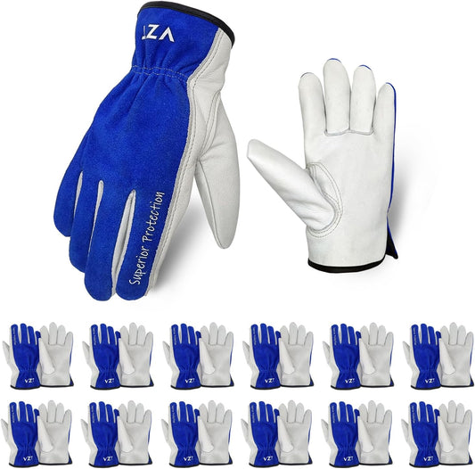 12 Pairs Bulk Leather Work Gloves for Men or Women for Construction, Wood cutting, Driving, Gardening, Automotive Repair, Water Resistant, Soft, Cowhide, Class 4 Abrasion Resistant, Blue-White, XL