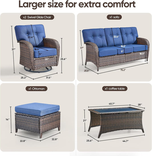 6-Piece Rotating Balcony Chair Set with 31-inch T-Shaped Wide backrest - Rattan Outdoor Rotating Balcony Chairs, Wide backrest Comfortable Outdoor Sliding Chair - Brown | Blue