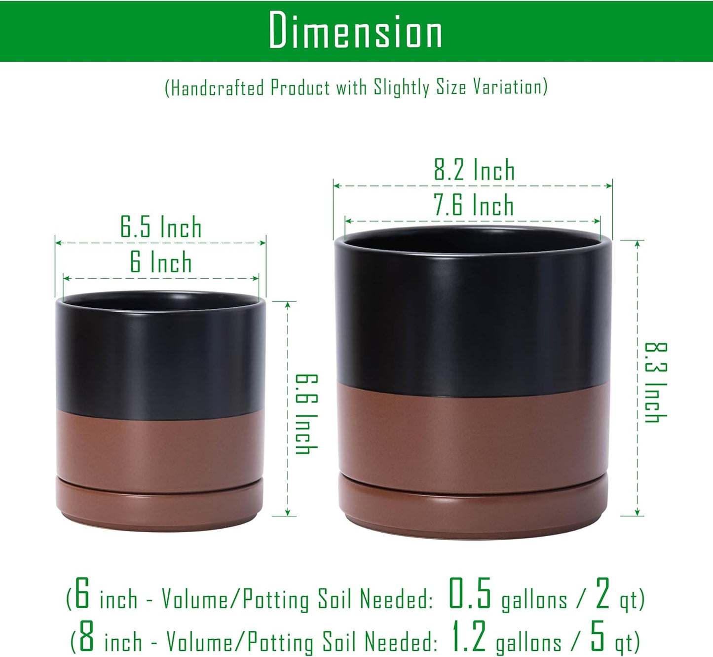 D'vine Dev 6.5 Inch & 8.2 Inch Ceramic Planter Pots for Plants with Drainage Hole and Saucer, Medium Plant Pots Set, Black/Speckled Tan, 94-G-M-7