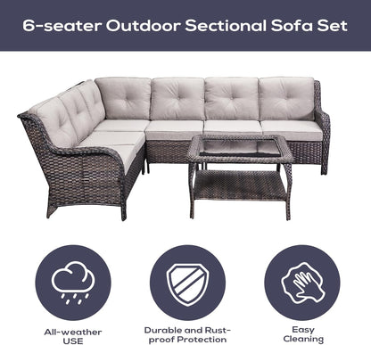 Outdoor Furniture Sectional Sofa L Shaped Couch - Patio Wicker Set with Coffee Table, 3 Piece Rattan Patio Conversation Sets with Beige Cushion for Deck Backyard Sunroom
