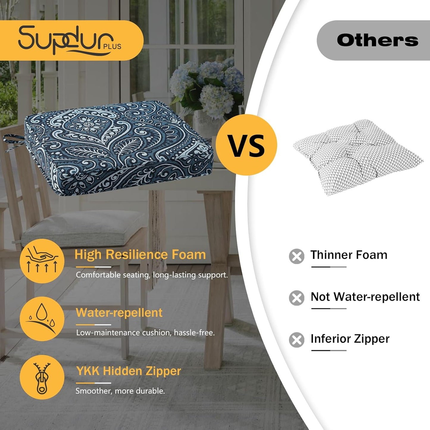 Outdoor Square Corner Seat Cushion, 18.5"x16"x3", Set of 4, Non Slip Seat Cushion Pads with Removable Cover for Patio Furniture, Garden Yard Lawn, Damask Vine