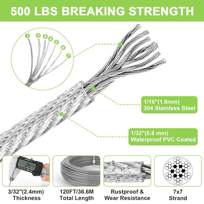 120Ft 1/16" Stainless Steel Wire Rope Kit, Vinyl Coated Cable, Turnbuckles for Tension Clothesline Outdoors, Hooks for String Light Hanging, Shade Sail Hardware