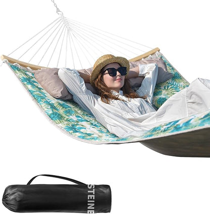 Double Hammock, 11 FT Quilted Fabric 2 Person Hammock for Outside with Pillow, Folding Curved Spreader Bar, Chains, Carrying Bag, Indoor Outdoor, 450 IB Capacity, BlueLeaves