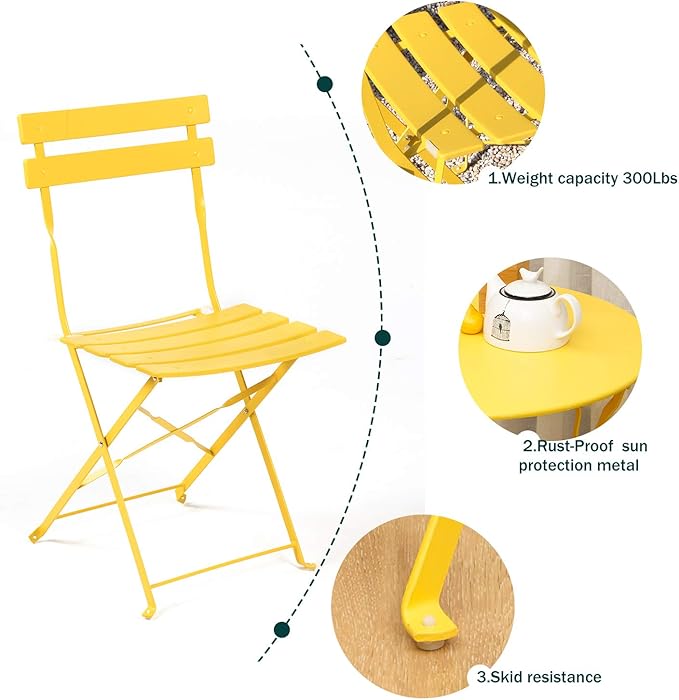 Grand patio 3-Piece Folding Bistro Set, 2 Chairs and 1 Table, Weather-Resistant Outdoor/Indoor Conversation Set for Patio, Yard, Garden-Yellow