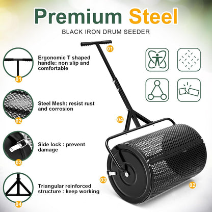 Hiboom 36 Inch Compost Spreader, Peat Moss Spreader, Manure Roller with Adjustable T Shaped Handle, Lightweight Metal Mesh for Lawn Garden Spreading Manure Topsoil (Black)