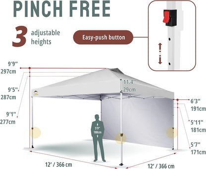 CROWN SHADES 12x12 Pop Up Canopy Tent Instant Commercial with 150D Silver Coated Fabric Including 1 Removable Sidewall, 4 Ropes, 8 Stakes, Weight Bags, STO 'N Go Bag, White
