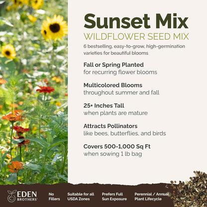 Eden Brothers Sunset Flower Mixed Seeds for Planting, 1 lb, 480,000+ Seeds with Cosmos, Zinnia, Sunflower, Corn Marigold | Attracts Pollinators, Plant in Spring or Fall, Zones 3, 4, 5, 6, 7, 8, 9, 10