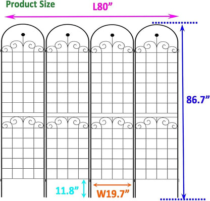 4 Pack Metal Garden Trellis 86.7" H Garden Fence Rustproof Trellis for Climbing Plants Support Roses Flower Outdoor Lawn, Black Galvanized Tube
